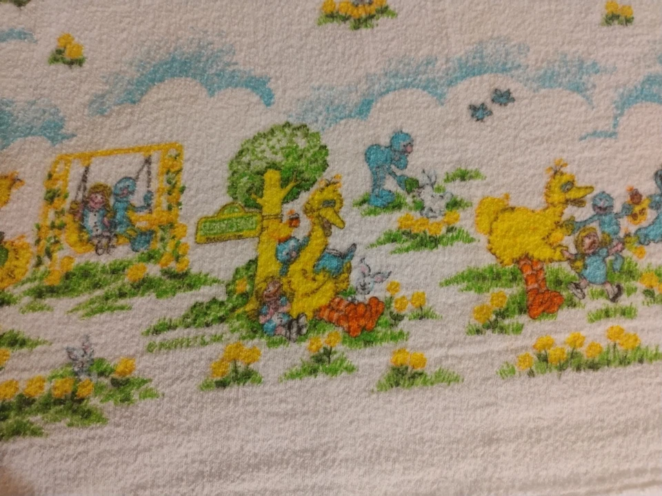 Vintage Sesame Street Receiving Blanket Cookie Monster Big Bird Yellow Blue 28" - Image 2 of 4