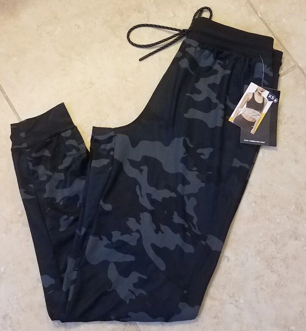 Avia Women Athleisure Commuter Pants Joggers w/Pockets Black Camo XS (0-2)  NEW