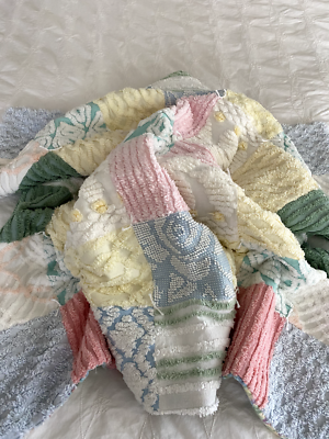 Vintage Chenille Baby Quilt Blanket Throw Multicolor Floral