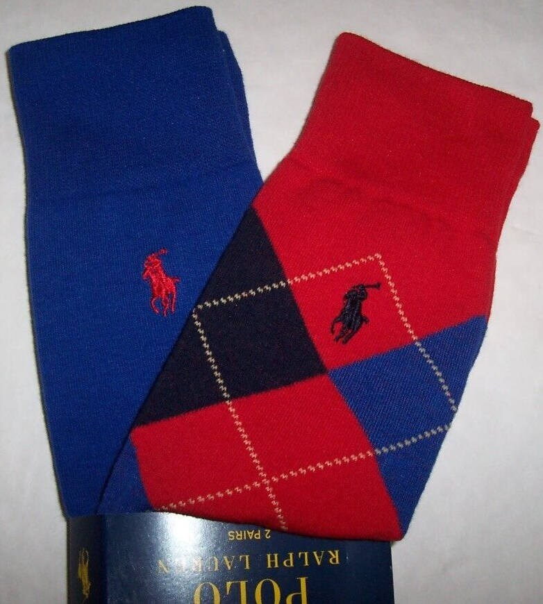 Polo Ralph Lauren 2 PAIA Calze Pantalone ROSSO ARGYLE BLU SOLIDO Uomo PONY Nuovo con etichette