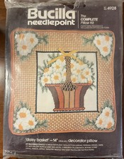 Vintage RARE Bucilla Needlepoint Kit Daisy Basket Pillow 14" Kit No 4928