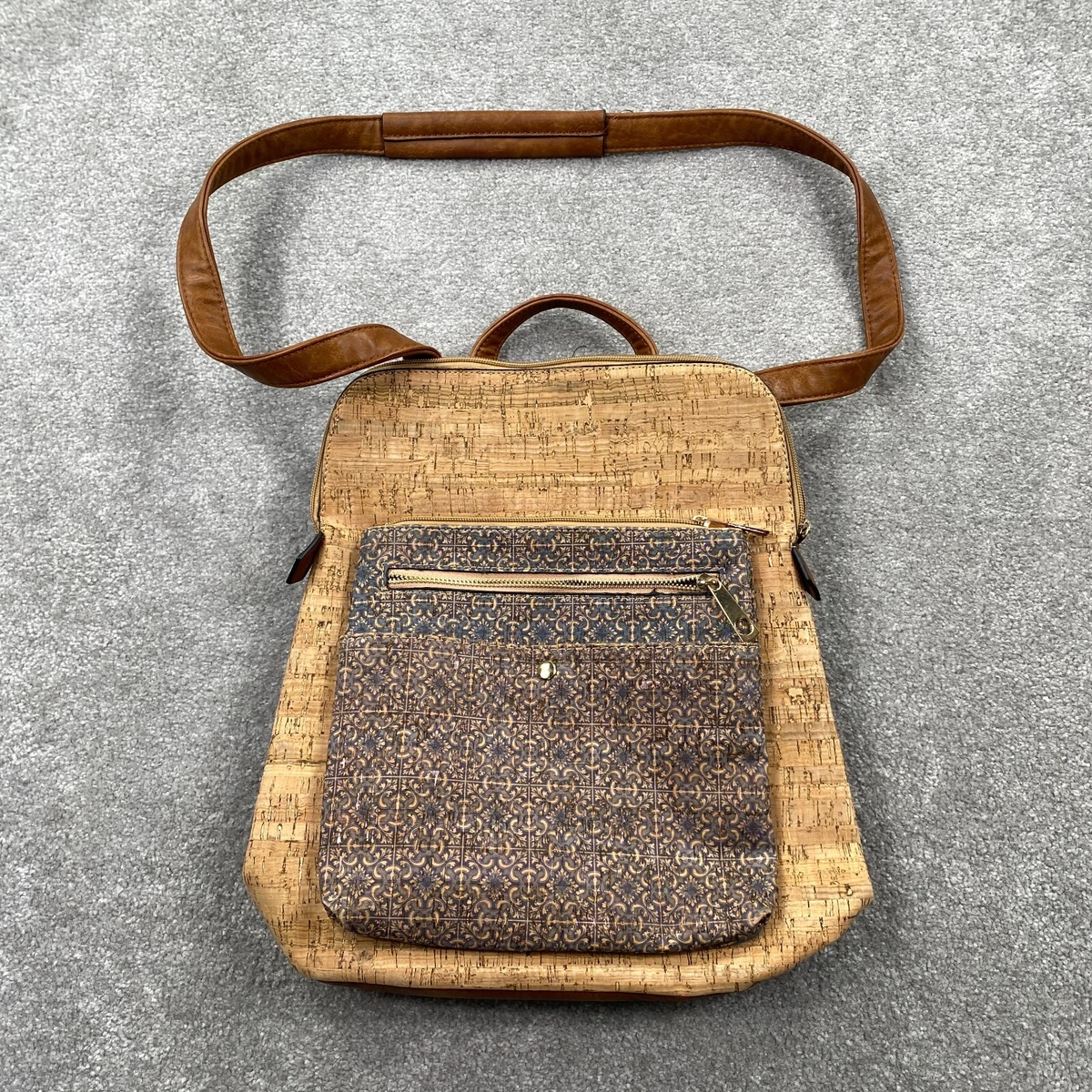 Cork Sling Backpack Small Tan Black Geometric‎ Mosaic Convertible Bag Crossbody Convertible Cork Backpack Purse for Women | Miztique – MMS  main image 4