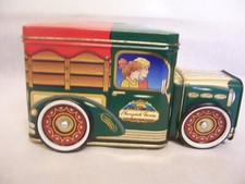 VINTAGE CHERRYDALE FARMS « GOODIE WAGON » CAMION ÉTAIN MONNAIE BANQUE ROUES TOURNANTES