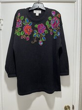 Victoria Woman  s Vintage Sequence Beaded Pullover Sweater Black 2XL Floral Party