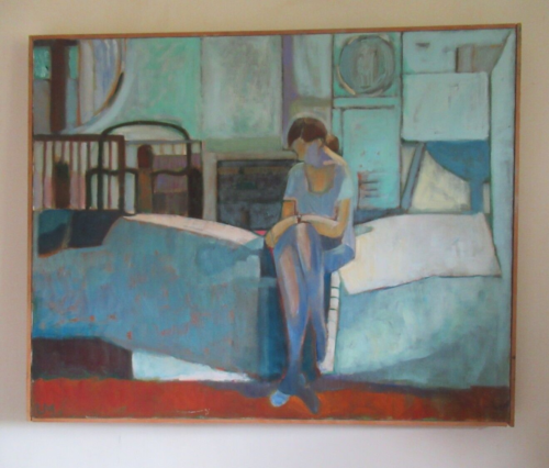 Mid Century kubistische Frau Porträt Innenraum Ölgemälde signiert gerahmt - Bild 1 von 15