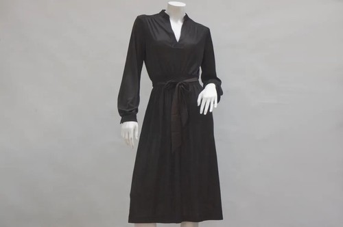 Vintage 70s Belted Black Nylon Midi Dress Size Small Retro Mid Century Boho Goth - Picture 10 of 10