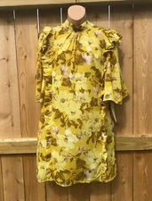 Happy x Nature Shift Dress Yellow Floral Ruffles Pockets Tie Neck NWT Women's M