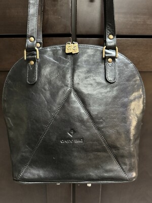 CLAUDIO FERRICI Black LEATHER Domed Women Shoulder Double Straps