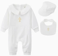 Laurenza's Baby Boys Embroidered Cross After Baptism Outfit with Bib and Hat