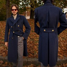 Men's Navy Winter Business Office Overcoat Double Breasted Woolen Trench Coat