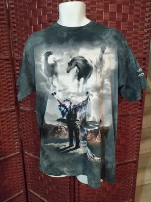 Vintage Y2K The Mountain Tie Dye T Shirt Native American Horse Warrior Size Lrg - Imagen 1 de 4