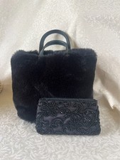 Vintage Faux Fur Top Handle Handbag Beaded Floral Pouch Wallet Set Black