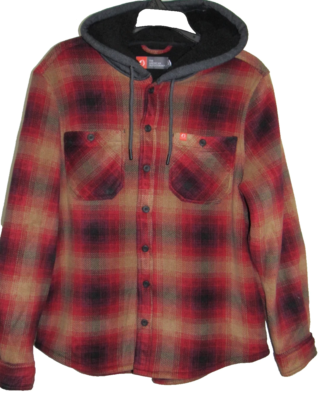 The American Outdoorsman Mens L Hooded Shirt Jacket Sherpa Fleece Lined Plaid