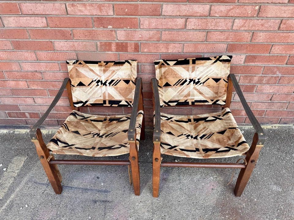 Scarce Pair Of Vintage Gold Medal MCM Safari Low Rider Chairs Arne Norell Sling - Image 2 of 4