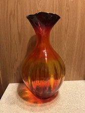 Large Blenko Amberina Ribbed Vase W/ Sticker