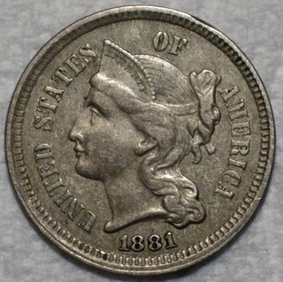 About Uncirculated 1881 Nickel Three Cent Piece Smooth Slate Grey specimen.