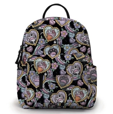 Black Multicolor Mini Backpack Cat Paw Tattoo Print Heart Adjustable Strap Women