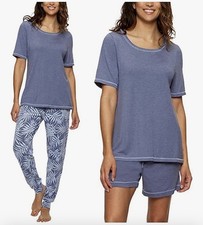 NWT Felina 3 Piece Sleep Set Lounge Pajamas PJs Stonewash/Palm Blue SMALL