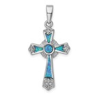 Sterling Silver Opal Cross Necklace Blue Green Inlay Vintage Gothic Pendant
