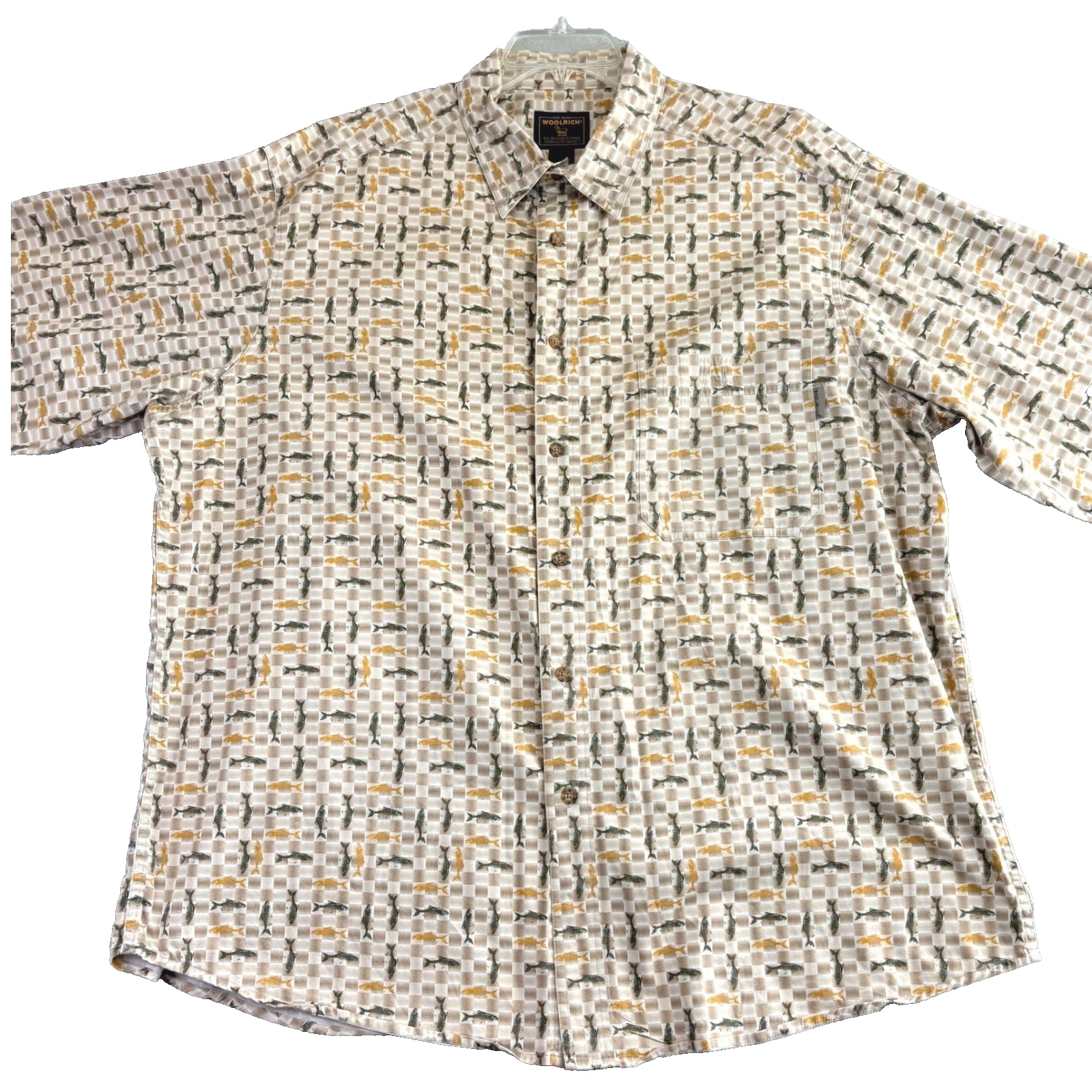 WOOLRICH Mens 2XL Fish Print All Over Button Down Shirt Long Sleeve Outdoors