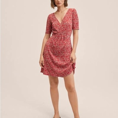 Mango (MNG) V-Neck Mini Tea Dress   Red Floral Size S