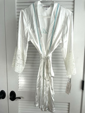 "The Bride" Linea Donatella Short White Satin Wrap Robe Blue Trim Sz Small