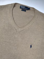 Polo Ralph Lauren Sweater Mens L Tan Brown V Neck Linen Cotton Pullover Preppy