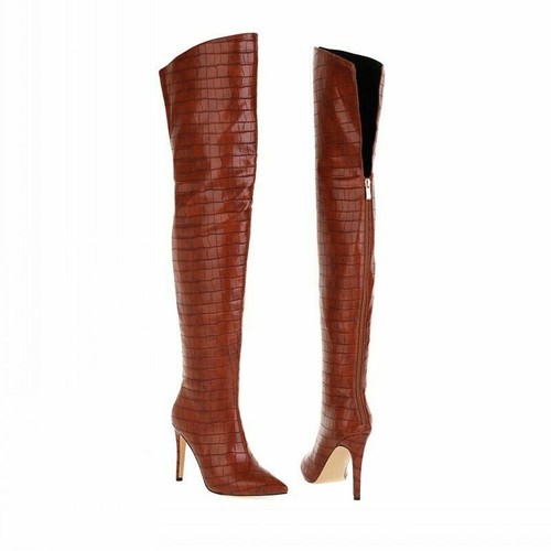 Snow Diamante Strap Detail Pointed Toe Stiletto Heel Knee High Long Boot In Brown Faux Leather | UK Snow Diamante Strap Detail Pointed Toe Stiletto Heel Knee High Long Boot In Brown Faux Leather | UK