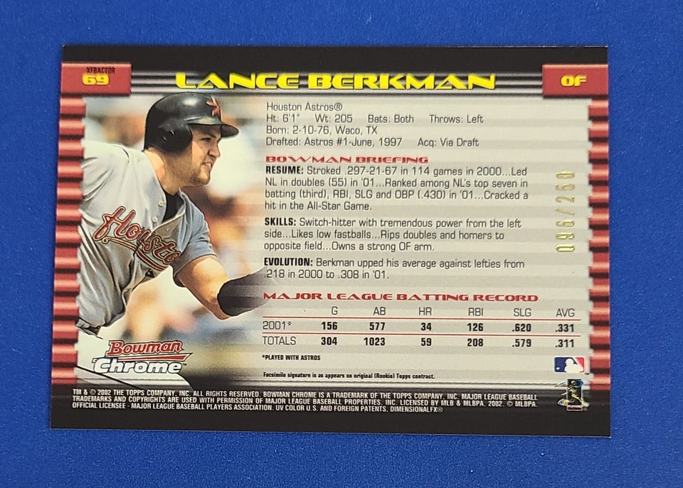 Lance Berkman 096/250 X-Fractor 2002 Bowman Chrome Astros Baseball Card #69 -- g - Image 4 of 4