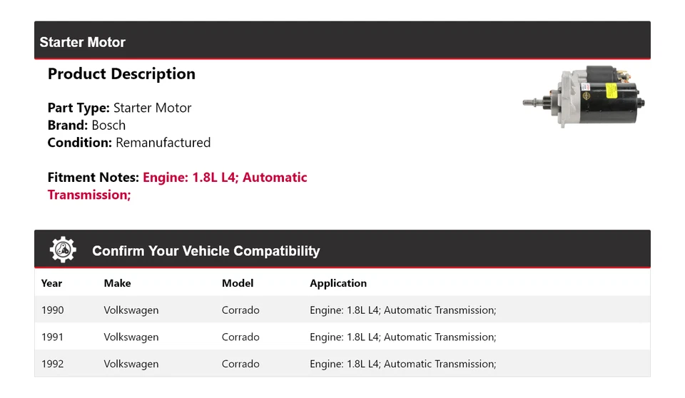 适用于 1990 - 1992 年大众 Corrado 1.8L L4 博世起动器(重新制造)1991 — 第 2/4 张图片