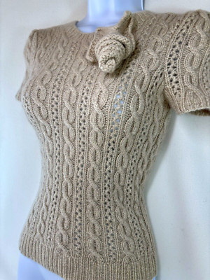 Oscar de la Renta 100% Thick Cashmere Sweater Italy Beige Cable Knit Top Flower