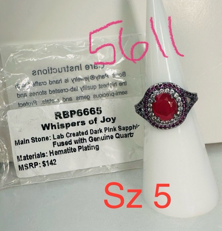 NIB Bomb Party Ring Sz5 RBP6665 Whispers of Joy Halo Dark Pink Gem 