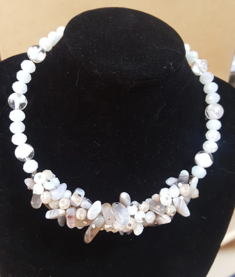 Unikat! Kette Collier aus Achat Edelsteinen  Grau 48 cm  - Bild 2 von 3