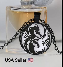 New Vintage Yin Yang Dragon Pendant Necklace Cabochon Long Black Chain Statement