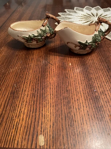 VINTAGE MCCOY ART POTTERY IVY CREAMER & SUGAR OR GRAVY DISHES W/ HANDLE USA NICE