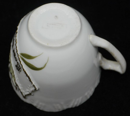 ANTIQUE EMBOSSED PORCELAIN CUP w FLOWERS, LOVE THE GIVER, GERMANY? - Picture 3 of 4