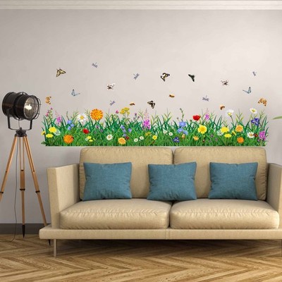 Green Grass Wall Corner Stickers - Flowers Butterflies Baseboard Skirting Lin...