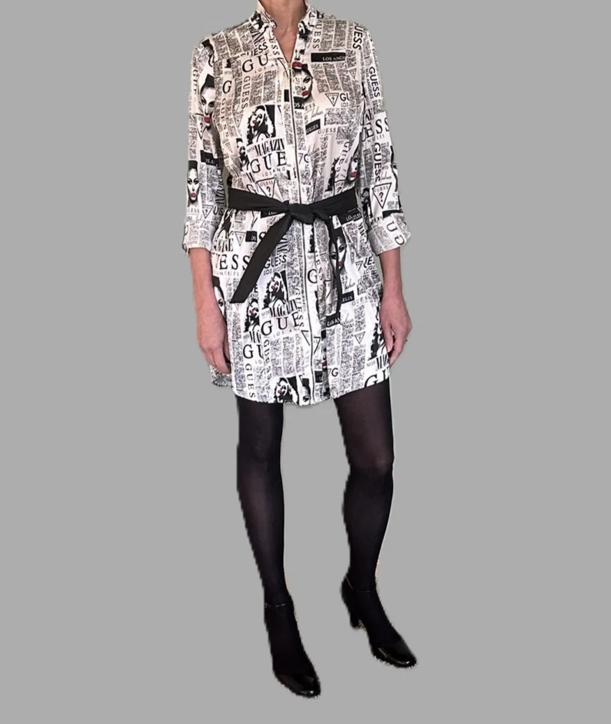 guess dress black white GUESS ECO MAIA SS DRESS SWTR BLACK WHITE TAUPE ST | Online Outlet
