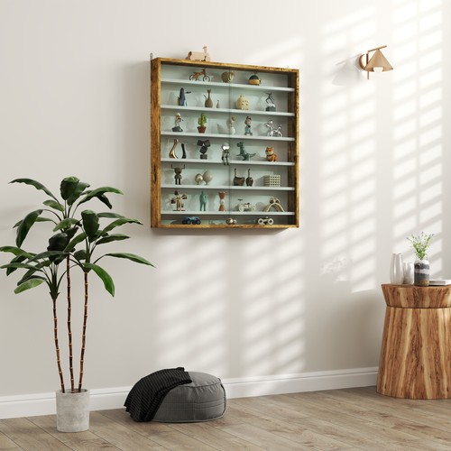 HOMCOM 7-Tier Wall Display Cabinet w/ Shelves Glass Doors, Rustic Brown - Picture 2 of 11
