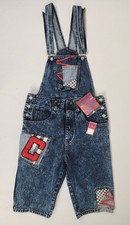 VTG 90s Women's Abstract Corniche Blue Denim Cotton Bibs Overalls Shortalls Sz L
