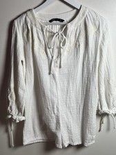 ZARA Ivory Embroidered Ballon Sleeves Gauzy Crepe Cotton Boho Romper Size XS