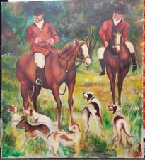 Dipinto Olio Su Tela Scena Caccia Inglese Cavalli E Cani Grande 40 X 36 In