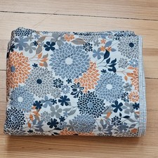 Handmade Baby Blanket, Blue Gray Orange Floral Cotton Quilted Tummy Time Throw