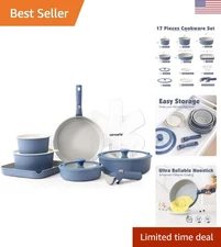 Elegant Navy Ceramic Pots and Pans Set - 17-Piece Induction Compatible Cookware