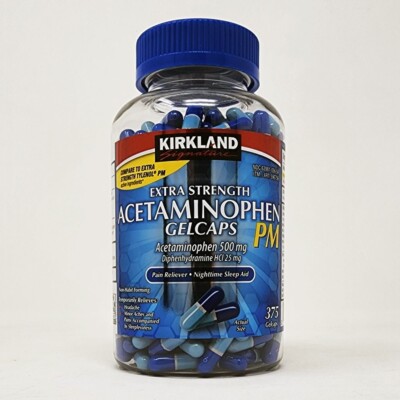 Kirkland Extra Strength Acetaminophen 500mg PM 375 Gelcaps Exp: 06/27