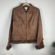 Vintage Together 12 L Camel Brown Leather Faux Fur Trimmed Rocker Jacket Boho