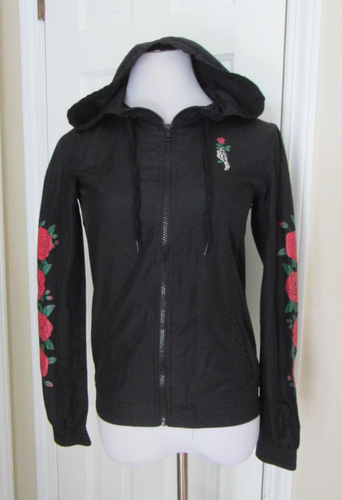 EMPYRE Black Full Zip Hooded Windbreaker w/ roses & bones – Wmns Small