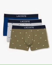 Image of Lacoste 3-Pack Logo 3-Pack Signature Trunks - Khaki Green / Grey Chine / Blue