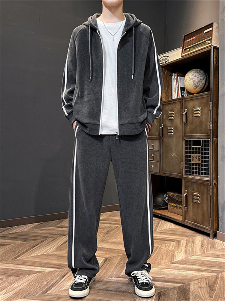 BASUDAM Herren Trainingsanzug Set – Sweatsuit Mit Kapuze, Durchgehendem Reißverschluss & Reflektierenden Streifen | Bequemer 2-teiliger Sportanzug