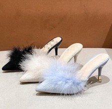 Women 8Cm High Heel Pointed Toe Slippers Sweet Feather Decor Lazy Slipper Shoes